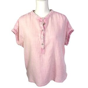 Faherty Henley Shirt Women's L Organic Cotton Gauze Pink Distressed Washed